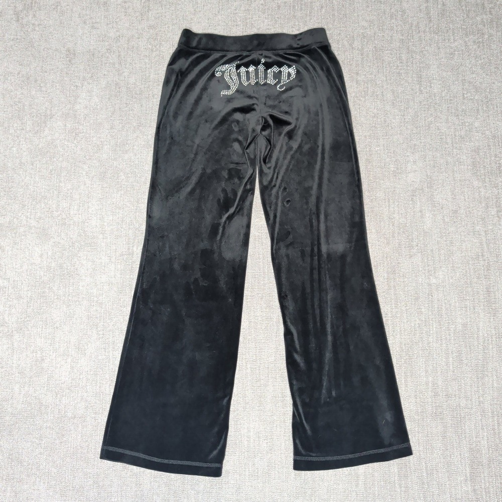 Juicy Couture Black Velour Rhinestone Logo Track Pants XS Wide Leg Y2K Lounge